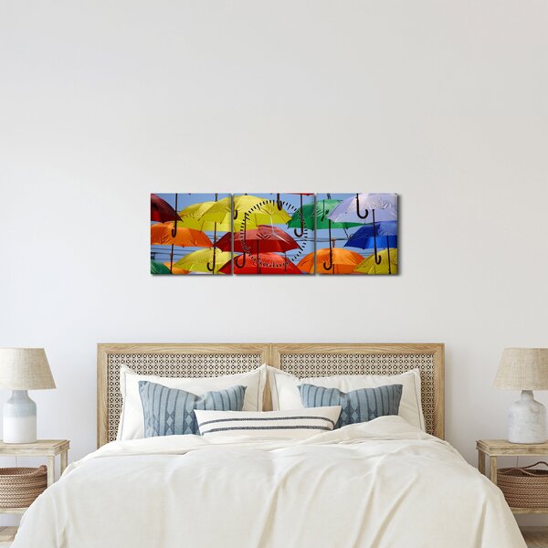Obraz barevných deštníků (s hodinami) (90x30 cm)