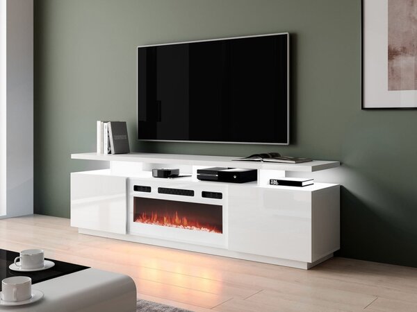TV skříňka Aniceto s krbem, Osvětlení: osvětlení LED, Barva: bílá / bílá lesk, Krb: bílý 5903211275098