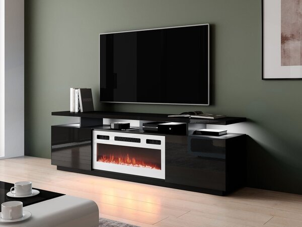 TV skříňka Aniceto s krbem, Osvětlení: osvětlení LED, Barva: černý / černý lesk, Krb: bílý Mirjan24 5903211275104