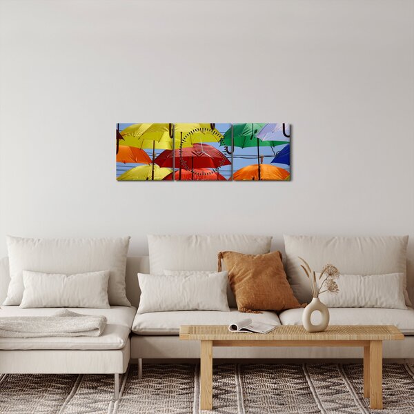 Obraz barevných deštníků (s hodinami) (90x30 cm)