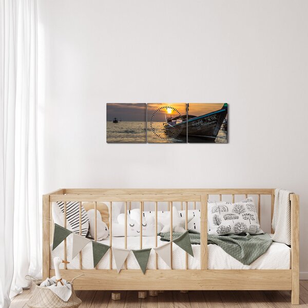 Obraz lodě u břehu (s hodinami) (90x30 cm)