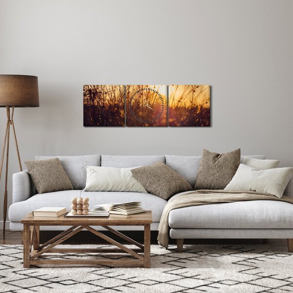 Obraz pole při západu slunce (s hodinami) (90x30 cm)