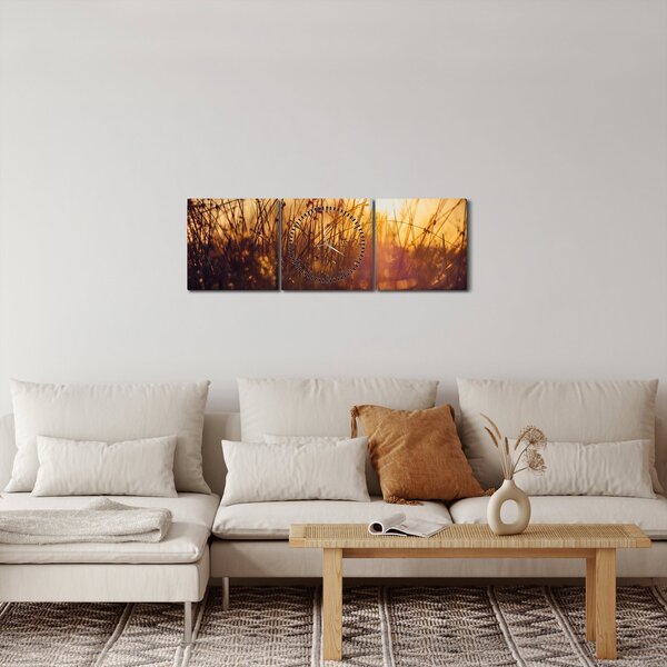 Obraz pole při západu slunce (s hodinami) (90x30 cm)