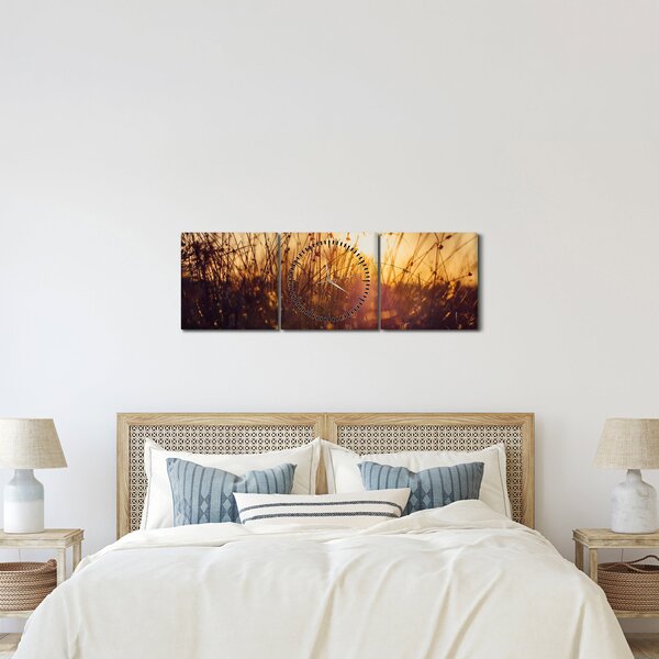 Obraz pole při západu slunce (s hodinami) (90x30 cm)