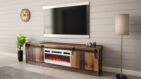 TV skříňka Sarinero s krbem, Barva: bílá / bílá lesk, Krb: černý 5903211164989