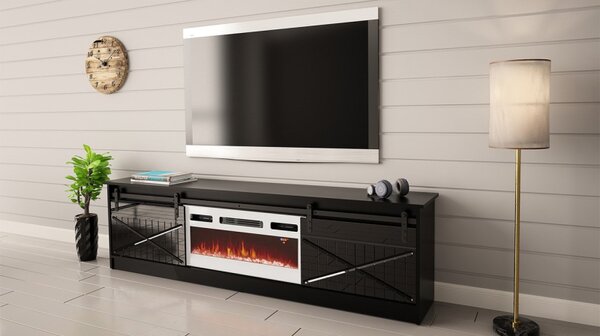 TV skříňka Sarinero s krbem, Barva: bílá / bílá lesk, Krb: černý 5903211164989