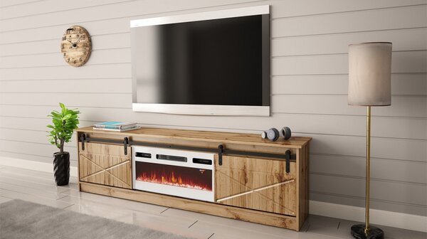 TV skříňka Sarinero s krbem, Barva: bílá / bílá lesk, Krb: černý 5903211164989