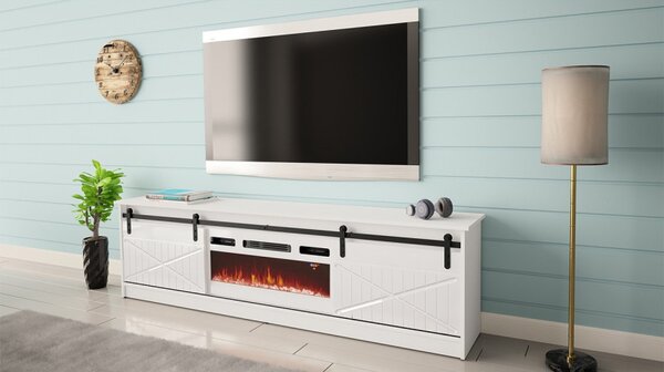 TV skříňka Sarinero s krbem, Barva: bílá / bílá lesk, Krb: černý 5903211164989