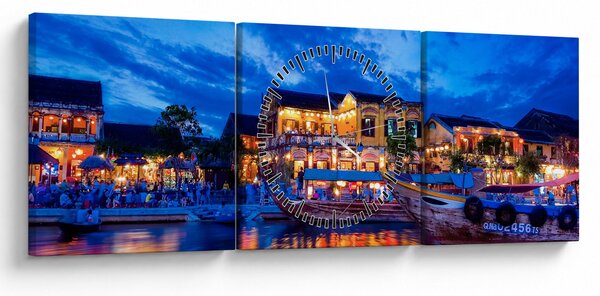 Obraz nočního města Hoi An, Vietnam (s hodinami) (90x30 cm)