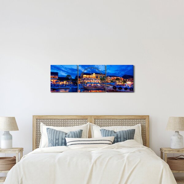 Obraz nočního města Hoi An, Vietnam (s hodinami) (90x30 cm)