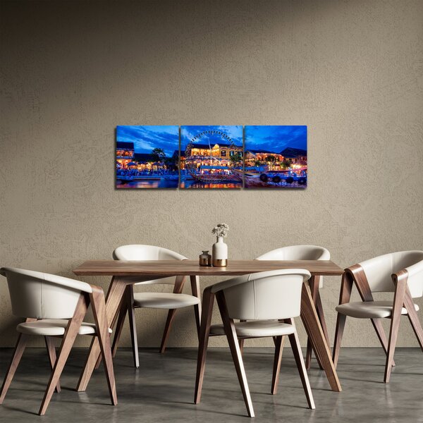 Obraz nočního města Hoi An, Vietnam (s hodinami) (90x30 cm)