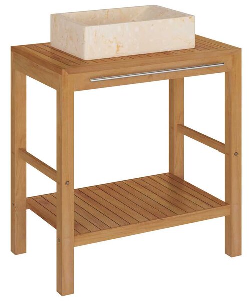 Koupelnová skříňka dřevo teak a umyvadlo mramor krémové 3058160
