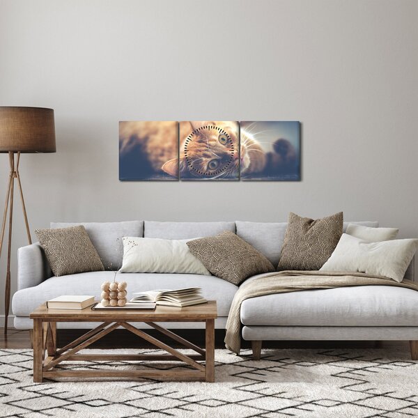 Obraz kočky na podlaze (s hodinami) (90x30 cm)