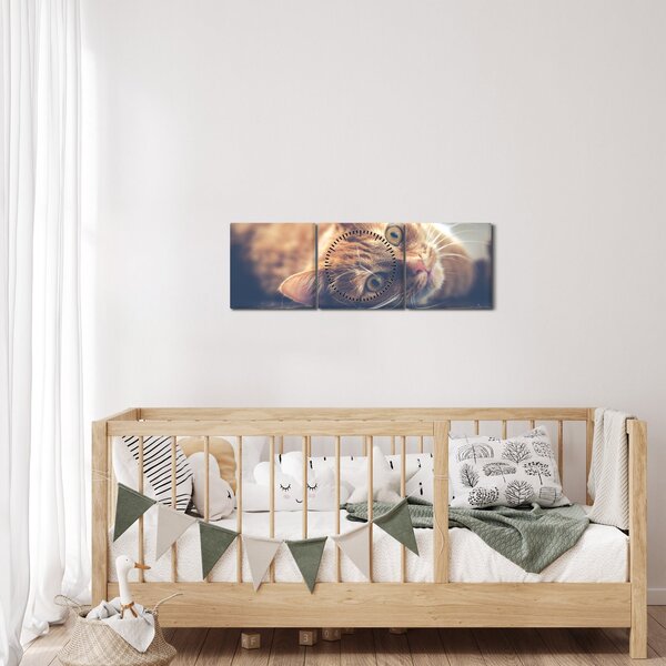 Obraz kočky na podlaze (s hodinami) (90x30 cm)