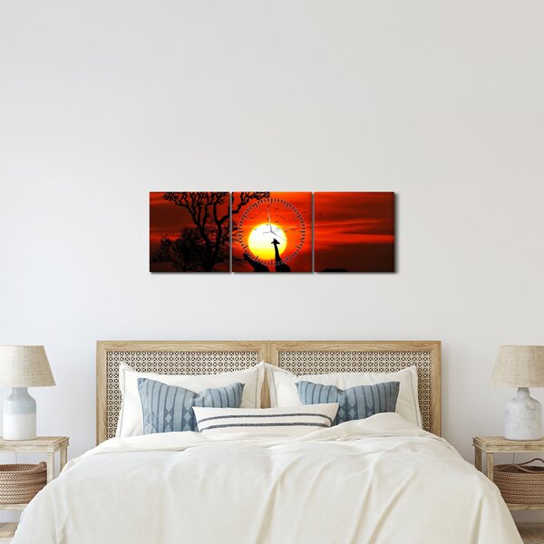 Obraz - Siluety zvířat při západu slunce (s hodinami) (90x30 cm)