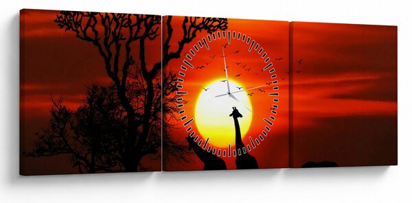 Obraz - Siluety zvířat při západu slunce (s hodinami) (90x30 cm)