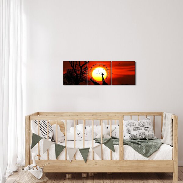 Obraz - Siluety zvířat při západu slunce (s hodinami) (90x30 cm)
