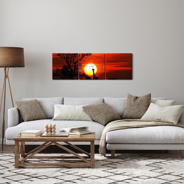Obraz - Siluety zvířat při západu slunce (s hodinami) (90x30 cm)