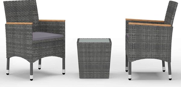 3dílný bistro set polyratan a tvrzené sklo šedý 3058365