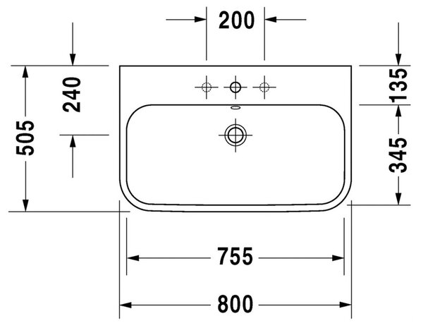 Duravit Happy D.2 - Umyvadlo s přepadem 800x505 mm, bez otvoru pro baterii, bílá 2318800060