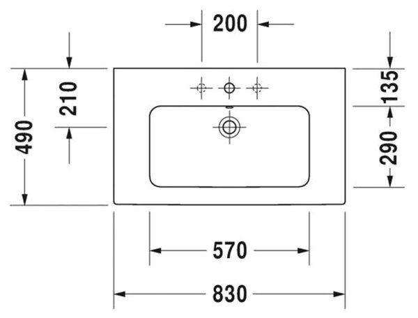 Duravit ME by Starck - Umyvadlo 830x490 mm, 3 otvory pro baterii propíchnuté, bílá 2336830030
