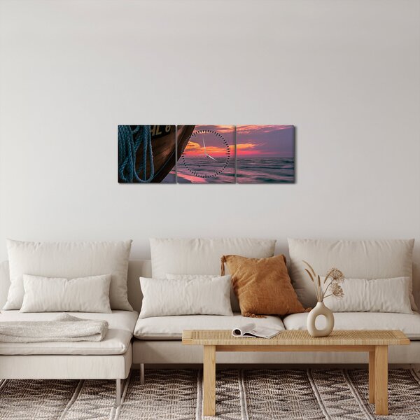 Obraz loďky na břehu (s hodinami) (90x30 cm)