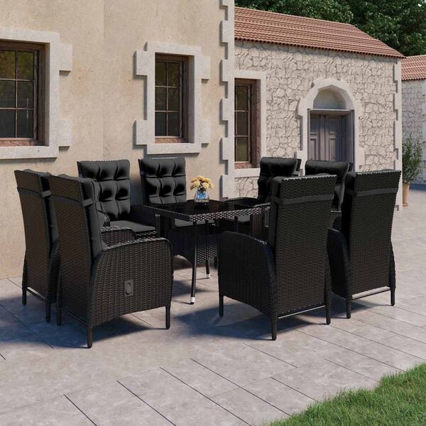 9dílný zahradní jídelní set polyratan a sklo černý 3058532