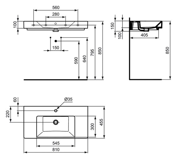 Ideal Standard Strada - Nábytkové umyvadlo 810x455 mm, glazovaná spodní strana, s přepadem, bílá K081001