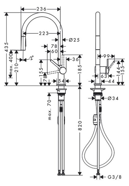 Hansgrohe Talis M54 kuchyňská páková baterie 210, vytahovatelná sprška, 2jet, vzhled nerezu 72800800