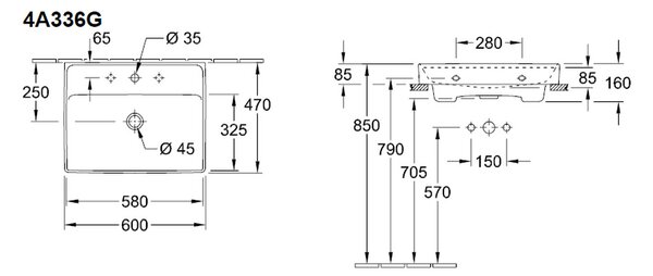 Villeroy & Boch Collaro - Umyvadlo 600x470 mm, broušené s přepadem, alpská bílá 4A336G01
