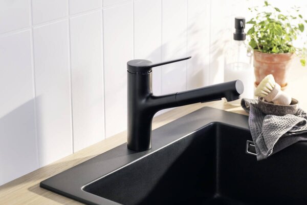 Hansgrohe Zesis M33 Páková kuchyňská baterie 150, vytažitelná sprška, 2jet, matná černá 74800670