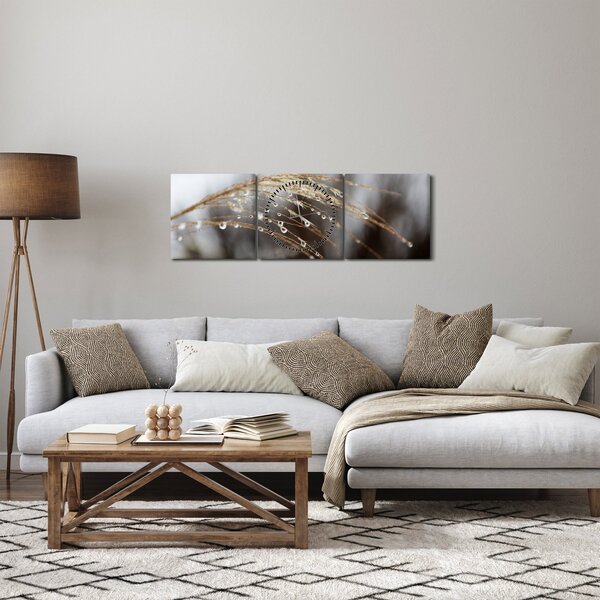 Obraz kapek na rostlině (s hodinami) (90x30 cm)