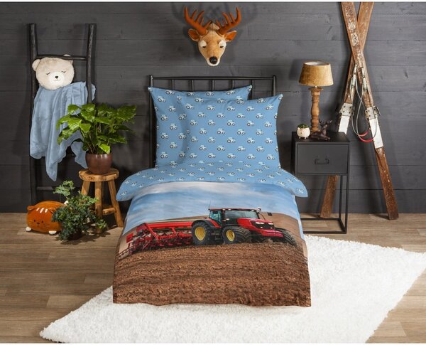 Modré flanelové dětské povlečení na jednolůžko 140x200 cm Tractor – Good Morning