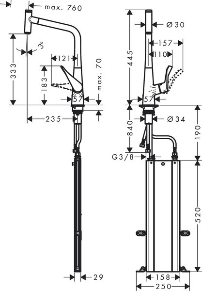 Hansgrohe Metris Select M71 kuchyňská páková baterie 320, vytahovatelný výtok, 1jet, sBox, vzhled nerezu 73803800