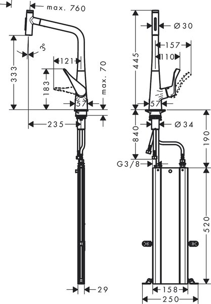 Hansgrohe Metris Select M71 kuchyňská páková baterie 320, vytahovatelná sprška, 2jet, sBox, vzhled nerezu 73816800