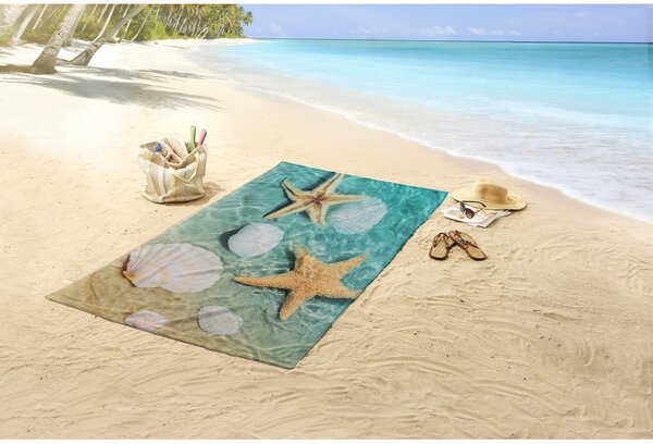 Modrá/béžová sametová plážová osuška 100x180 cm Beachvibe – Good Morning