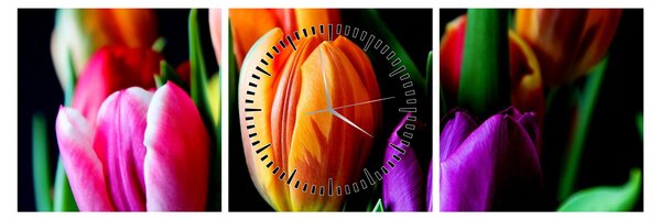 Obraz tulipánů na černém pozadí (s hodinami) (90x30 cm)