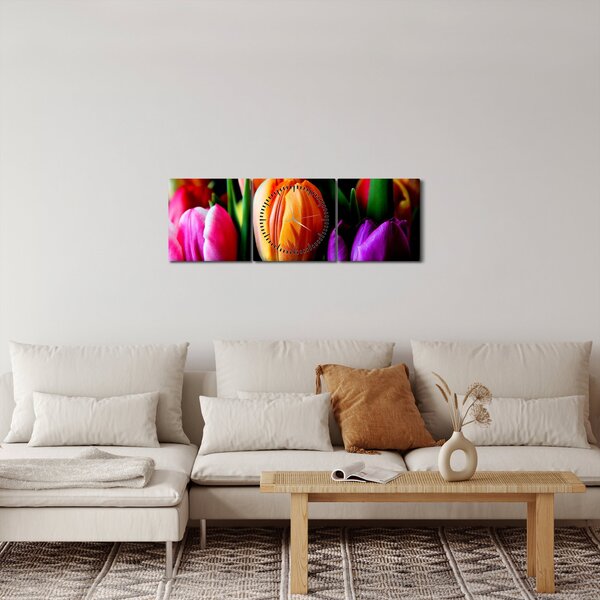 Obraz tulipánů na černém pozadí (s hodinami) (90x30 cm)