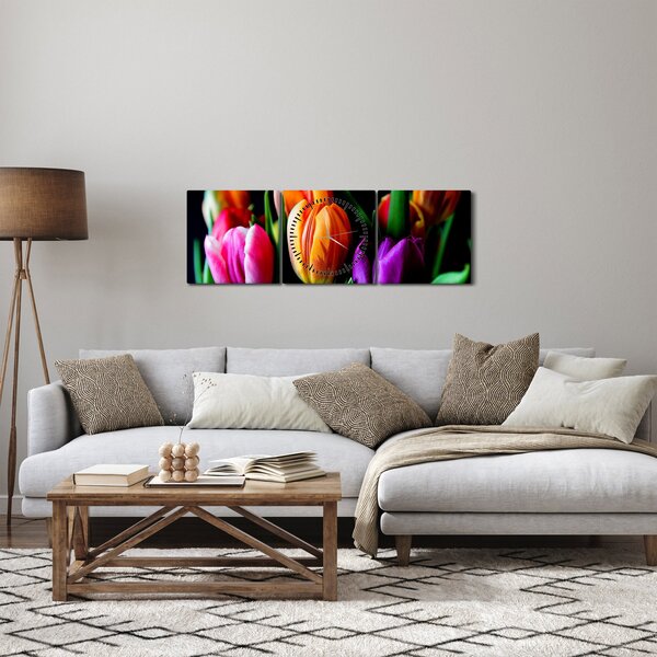 Obraz tulipánů na černém pozadí (s hodinami) (90x30 cm)