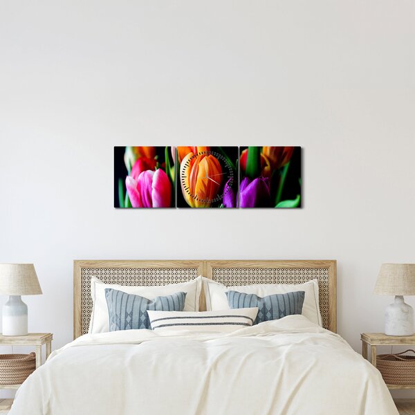 Obraz tulipánů na černém pozadí (s hodinami) (90x30 cm)