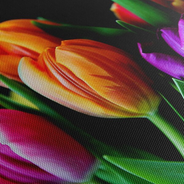Obraz tulipánů na černém pozadí (s hodinami) (90x30 cm)