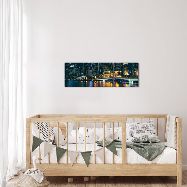 Obraz nočního Singapuru (s hodinami) (90x30 cm)