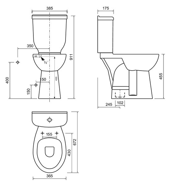 CREAVIT CREAVIT, HANDICAP mísa WC, spodní odpad, 36,5x67,2cm, bílá, BD305