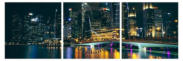 Obraz nočního Singapuru (s hodinami) (90x30 cm)