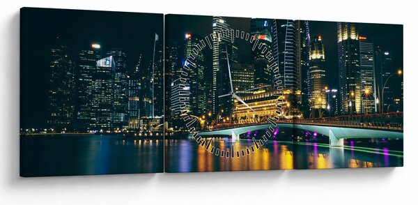 Obraz nočního Singapuru (s hodinami) (90x30 cm)