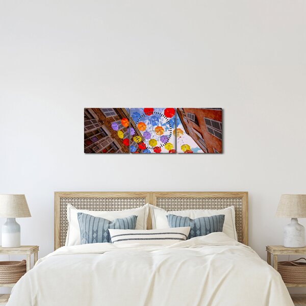 Obraz barevných deštníků (s hodinami) (90x30 cm)