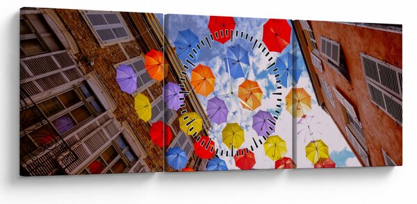 Obraz barevných deštníků (s hodinami) (90x30 cm)