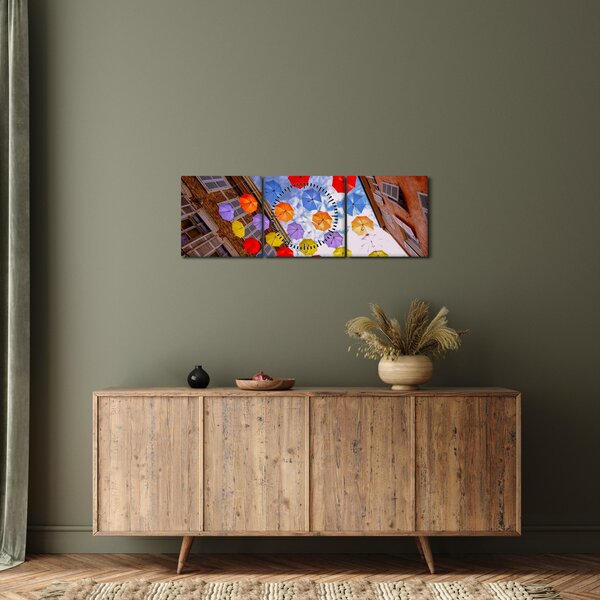 Obraz barevných deštníků (s hodinami) (90x30 cm)