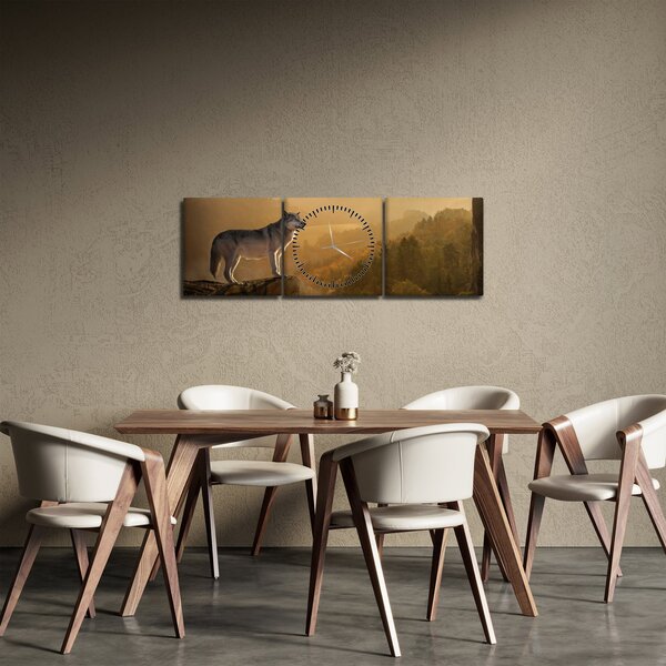 Obraz vlka na skále (s hodinami) (90x30 cm)