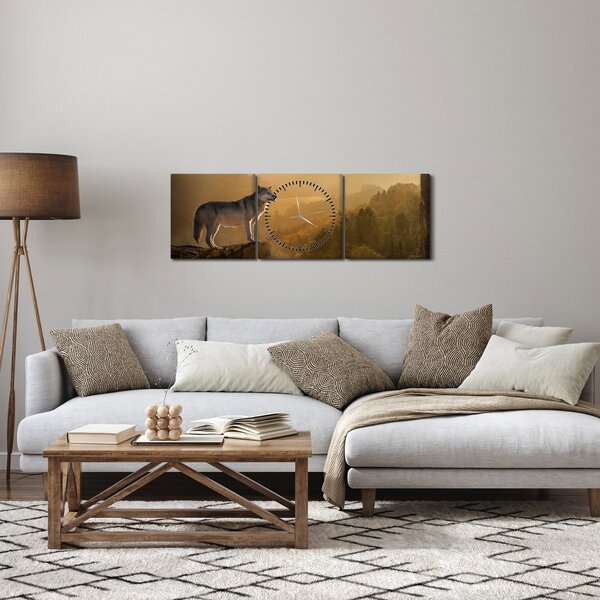 Obraz vlka na skále (s hodinami) (90x30 cm)